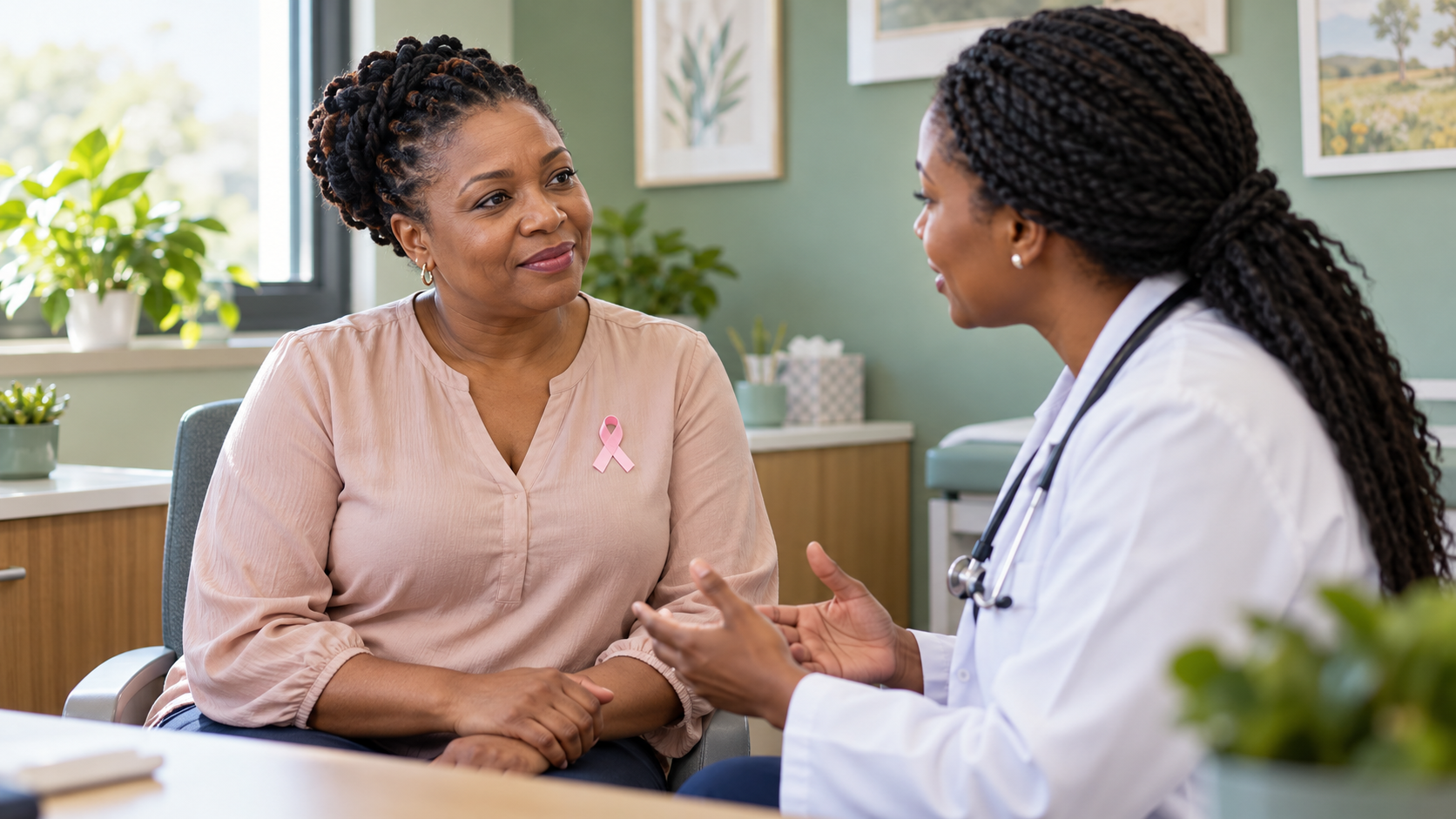 A woman wearing a pink awareness ribbon speaks with a healthcare professional in a naturally lit consultation room.